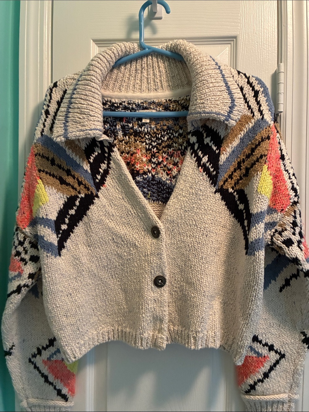 Pilcro Cream Cropped Cardigan with Blue, Black, Tan, Coral & Yellow Accents